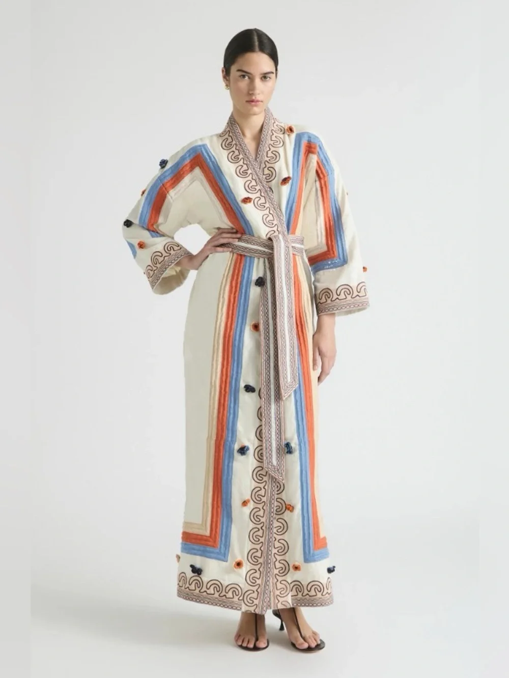 Antipodean Rise 100% Linen Woven Embellished Belted Robe Long Dress Size M NWT